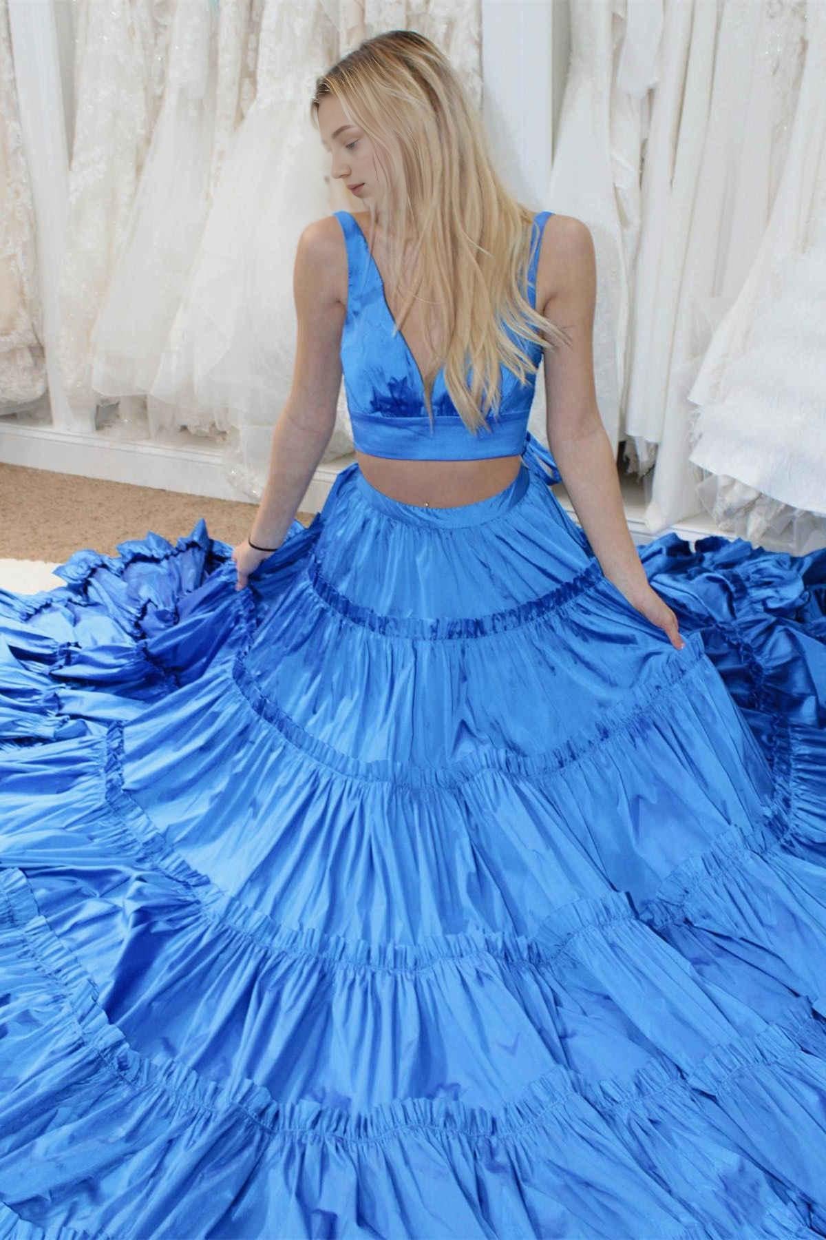 A-Line Two Pieces Spaghetti Straps V Neck Open Back Ruffle Prom Dress Sexy