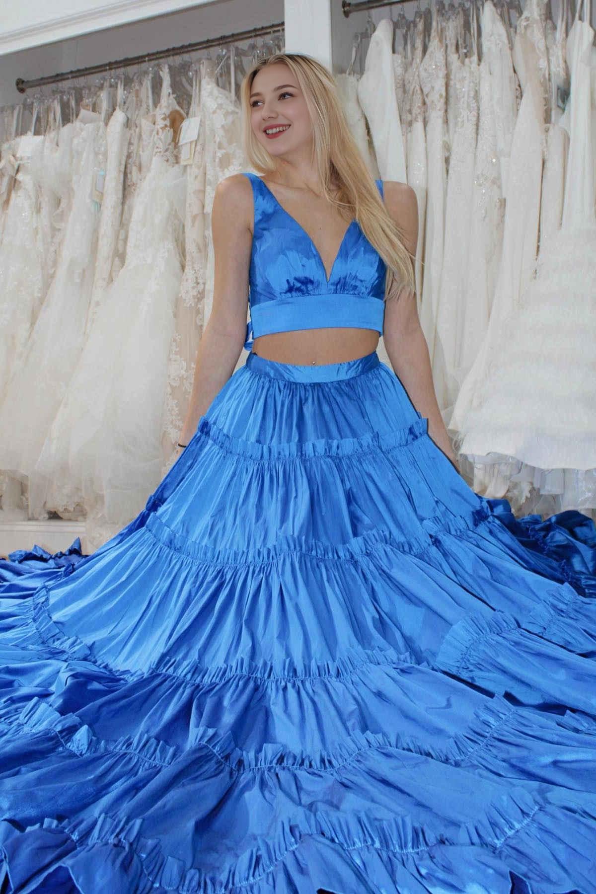 A-Line Two Pieces Spaghetti Straps V Neck Open Back Ruffle Prom Dress Sexy