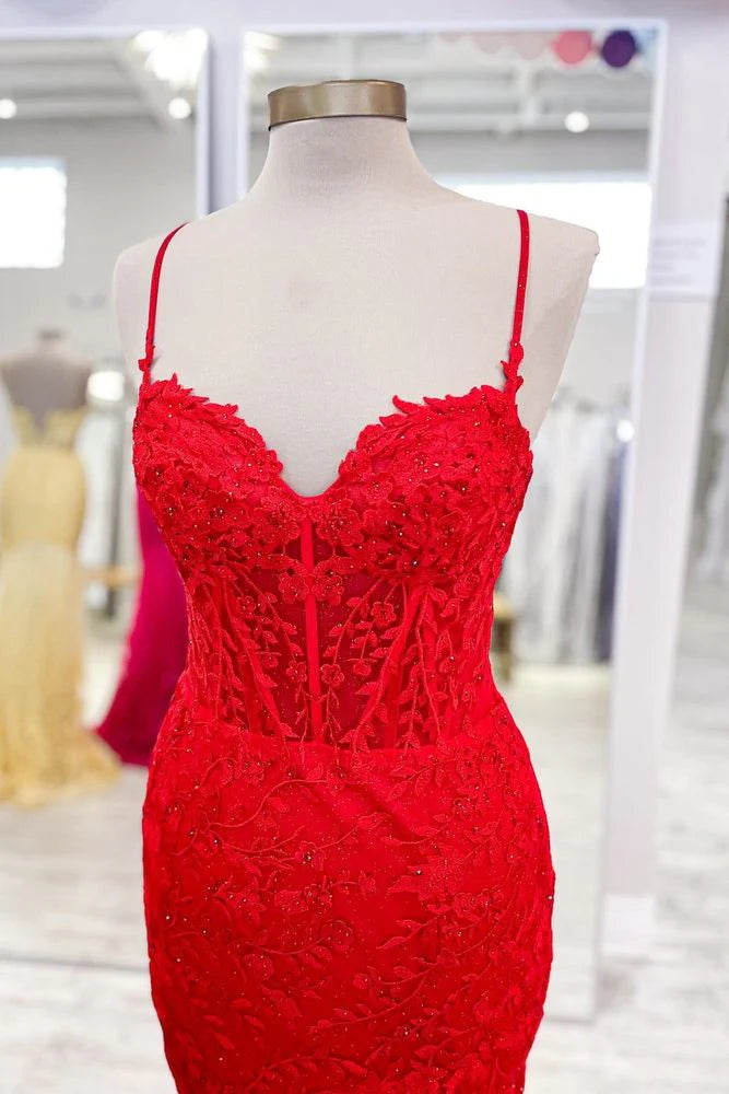 Sheath Mermaid Hot Pink Brush Train Dresses Lace Long Prom Dress With Applique