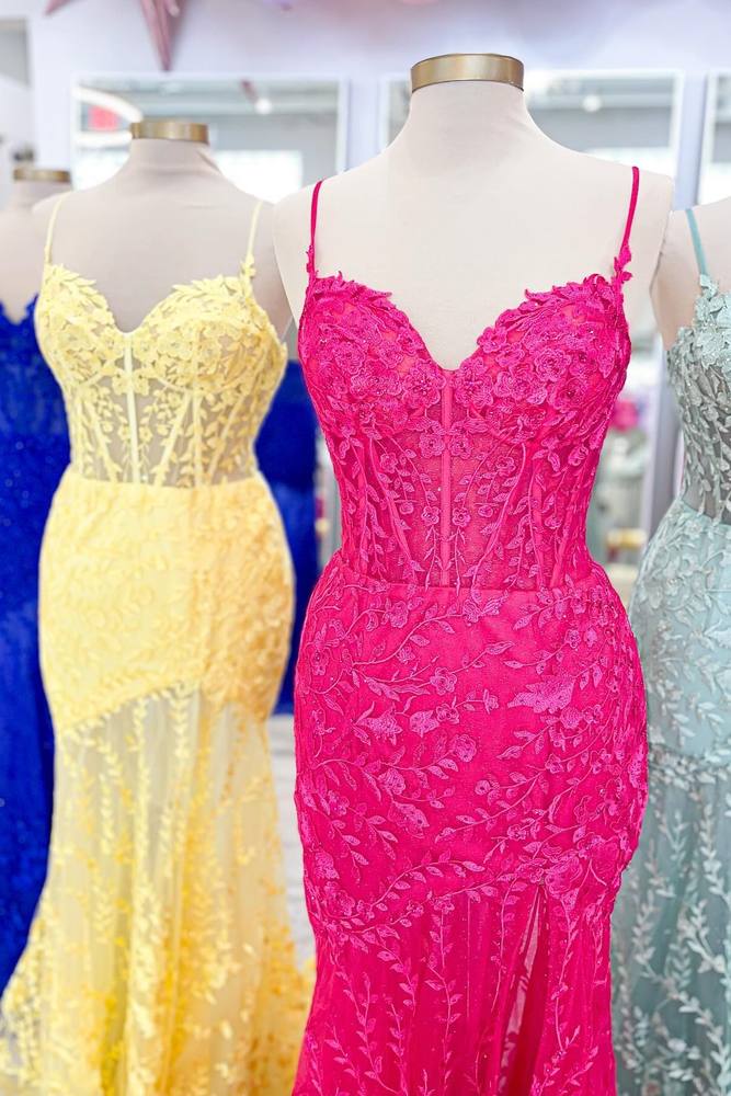 Sheath Mermaid Hot Pink Brush Train Dresses Lace Long Prom Dress With Applique
