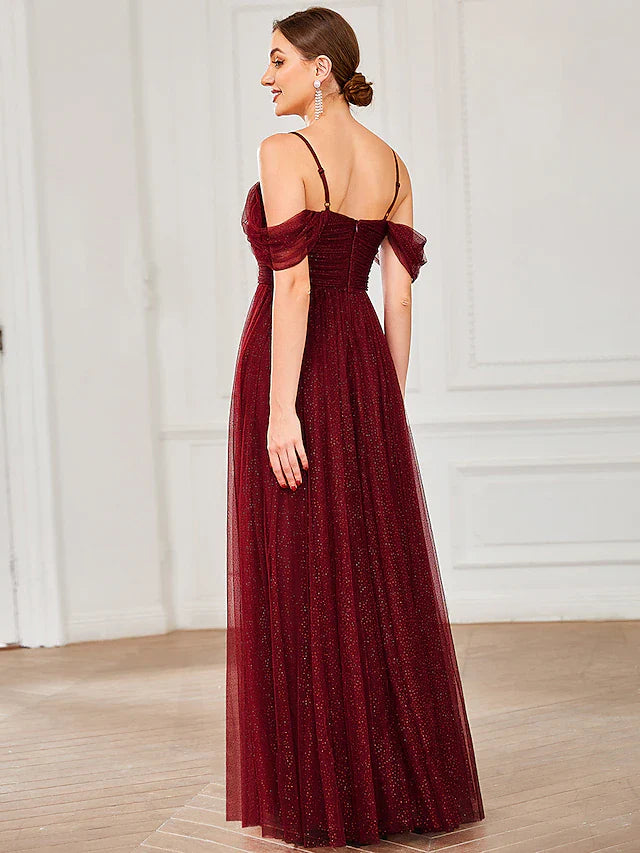 A-Line Bridesmaid Dress Spaghetti Strap / Off Shoulder Elegant Floor Length Tulle with Draping / Ruching / Solid Color