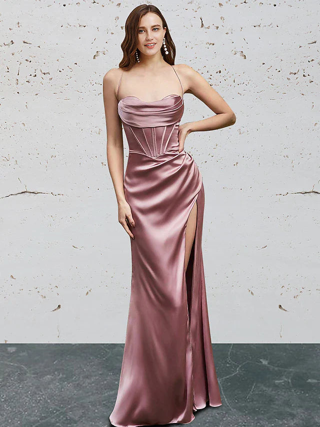Mermaid / Trumpet Prom Dresses Vintage Dress Prom Floor Length Sleeveless Sweetheart Charmeuse Backless with Slit Pure Color