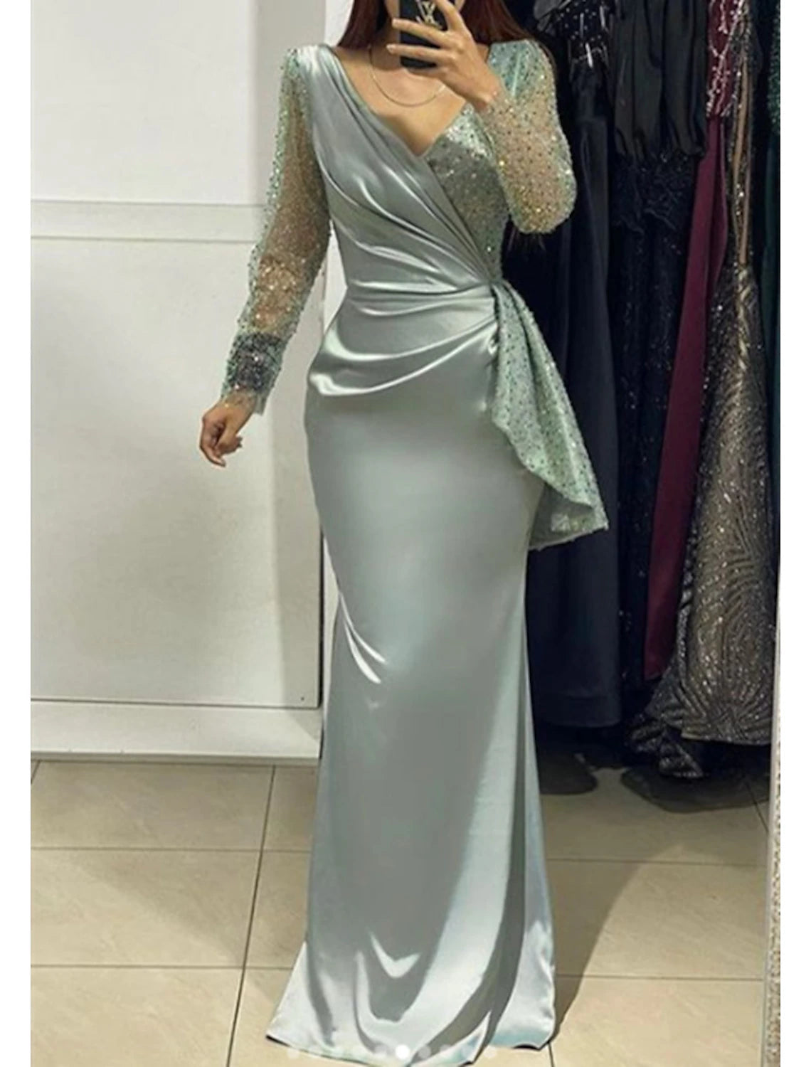 Sheath Mermaid V Neck Evening Gown Glitter Sparking Sequins Formal Wedding Guest Dress Floor Length Long Sleeve Charmeuse with Ruched Pearls