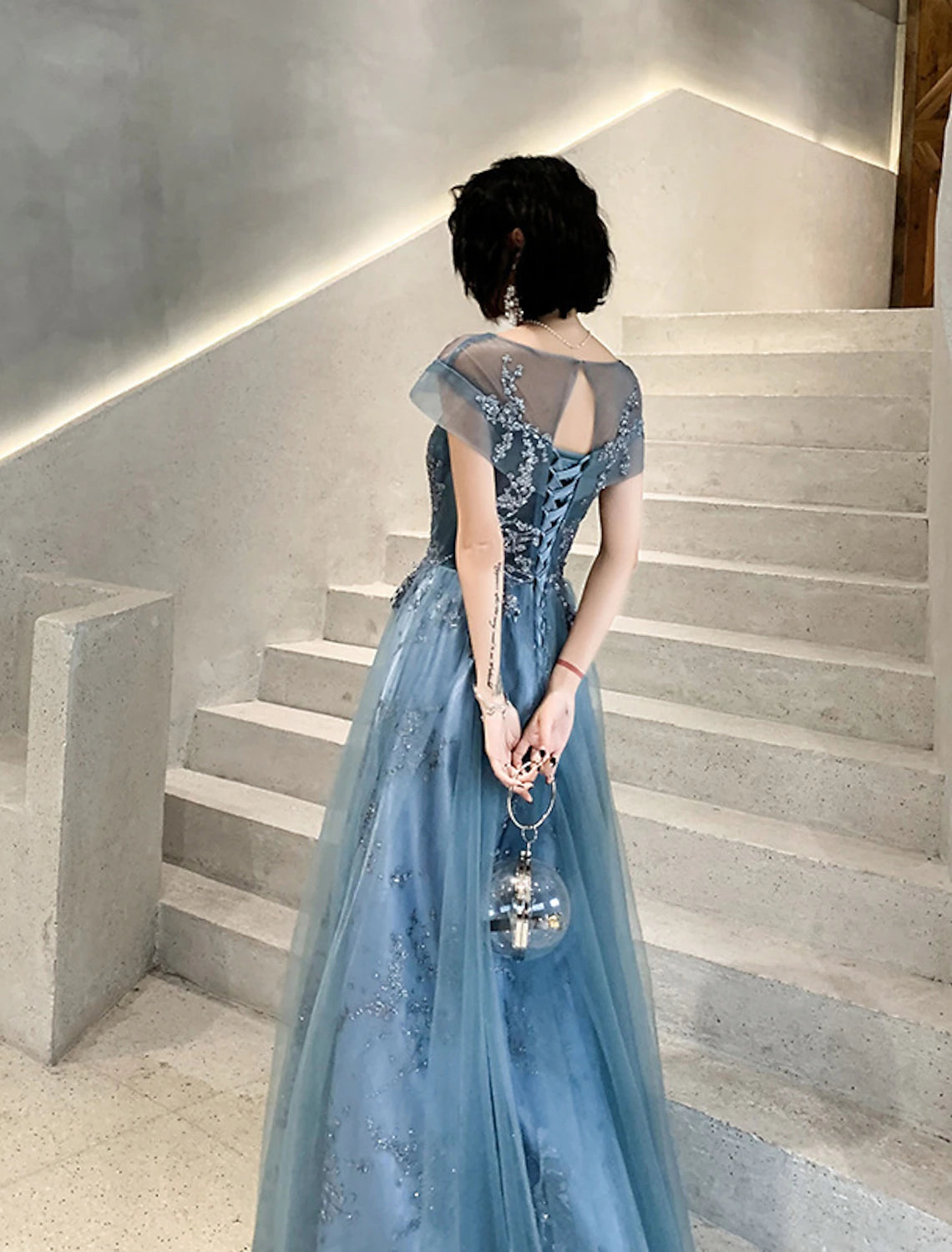 A-Line Jewel Neck Floor Length Wedding Guest Tulle Short Sleeve Mother of the Bride Dress with Pleats Appliques
