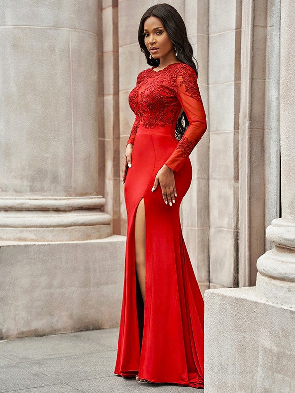 Trumpet/Mermaid Party Dresses Formal Dresses Spandex Applique Scoop Long Sleeves Sweep/Brush Train Dresses