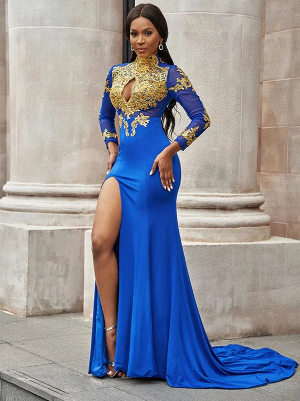 Sheath Applique Long Sleeves Jersey High Neck Elegant & Luxurious Prom Dresses Blue