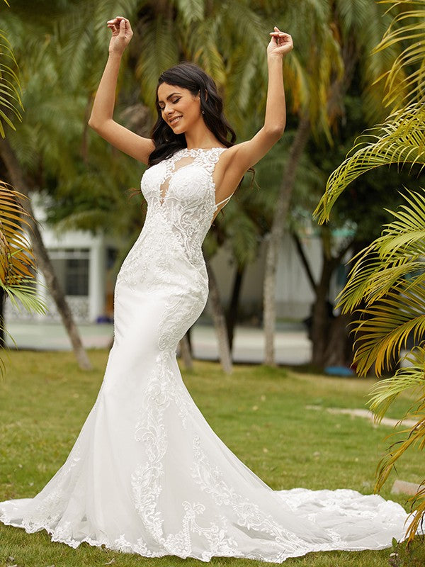 Sheath/Column Stretch Crepe Lace Scoop Sleeveless Cathedral Train Wedding Dresses