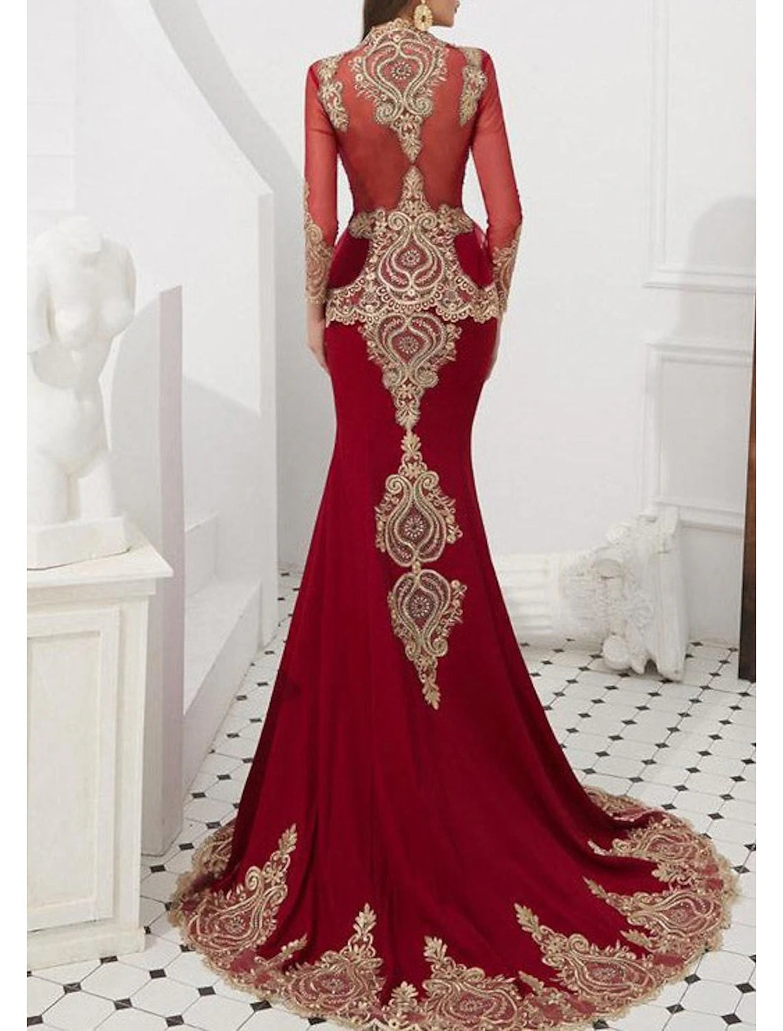Sheath Mermaid Evening Gown Long Sleeve High Neck Court Train Prom Dress with Appliques