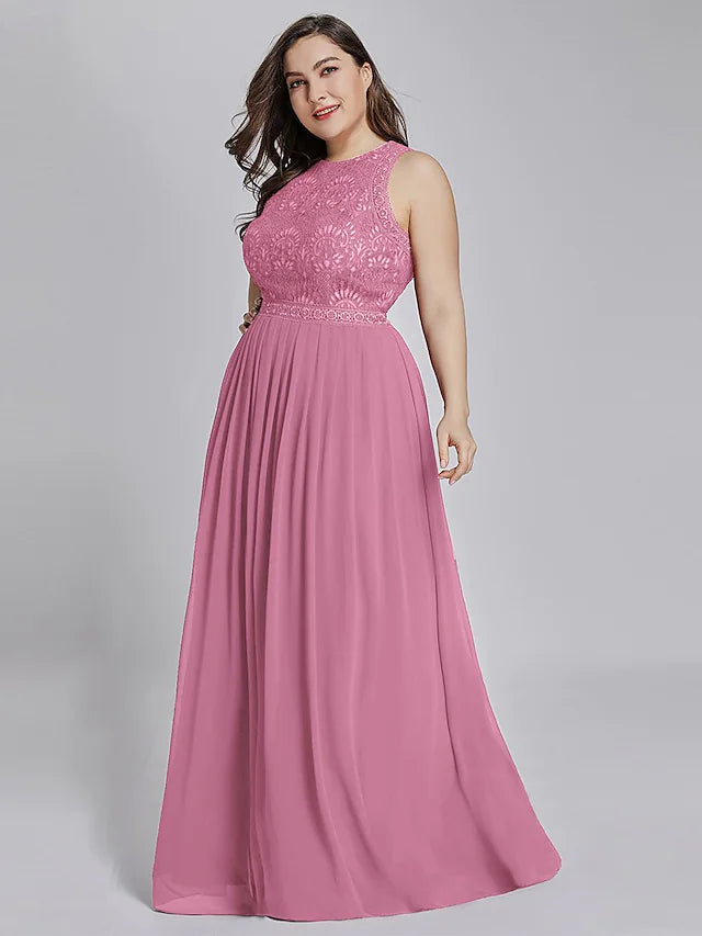 A-Line Prom Dresses Elegant & Luxurious Dress Wedding Guest Floor Length Sleeveless Jewel Neck Chiffon with Crystals
