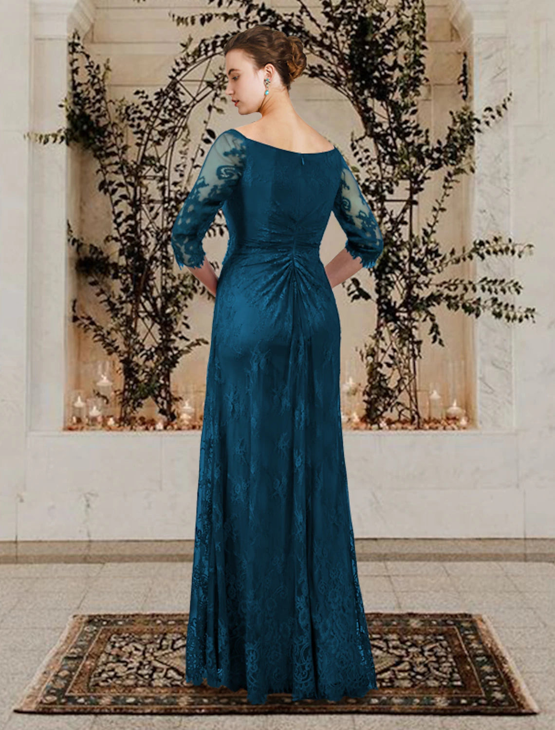 Plus Size Jewel Neck Floor Length Wedding Guest Party Dress Lace Short Sleeve Mother of the Bride Dress with Ruffles Crystal Brooch Side-Draped