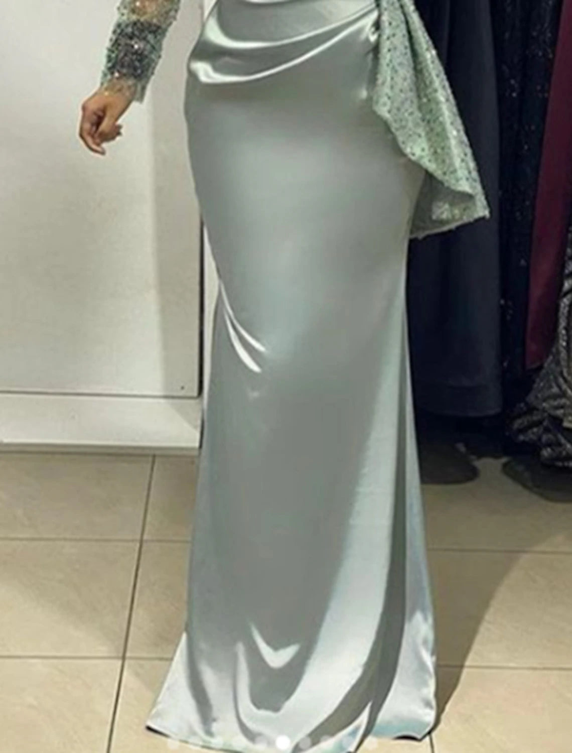 Sheath Mermaid V Neck Evening Gown Glitter Sparking Sequins Formal Wedding Guest Dress Floor Length Long Sleeve Charmeuse with Ruched Pearls