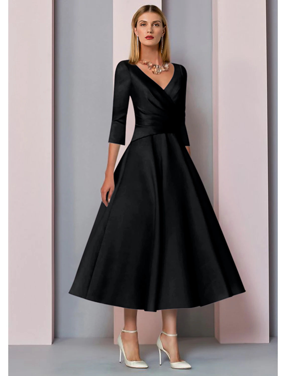 A-Line Mother of the Bride Dress Wedding Guest Elegant Vintage Plus Size V Neck Tea Length Satin 3/4 Length Sleeve with Pleats