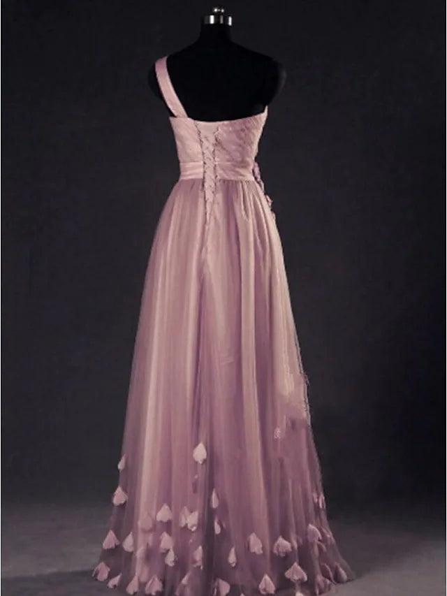 A-Line Prom Dresses Elegant Dress Wedding Guest Floor Length Sleeveless One Shoulder Tulle with AppliquesA-Line Prom Dresses Elegant Dress Wedding Guest Floor Length Sleeveless One Shoulder Tulle with Appliques