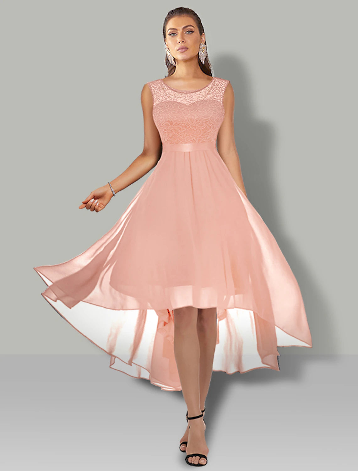 A-Line Cocktail Dresses Elegant Dress Wedding Guest Party Wear Asymmetrical Sleeveless Jewel Neck Chiffon with Pleats Lace Insert Pure Color