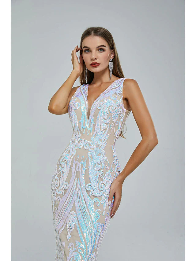 Mermaid / Trumpet Evening Gown Elegant Dress Engagement Court Train Sleeveless V Neck Sequined with Sequin