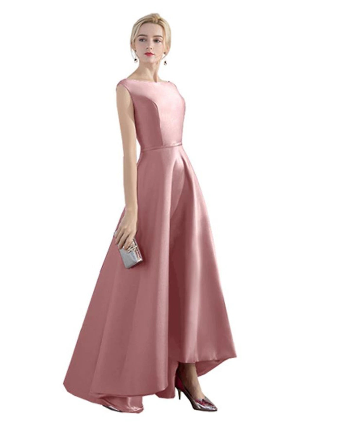 A-Line Evening Gown Christmas Red Green Dress Wedding Guest Party Wear Asymmetrical Sleeveless Jewel Neck Satin with Sleek
