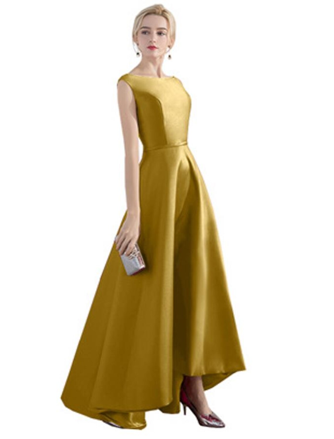 A-Line Evening Gown Christmas Red Green Dress Wedding Guest Party Wear Asymmetrical Sleeveless Jewel Neck Satin with Sleek