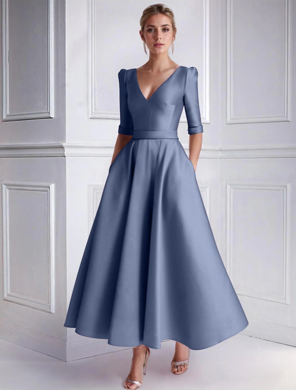 A-Line Cocktail Dresses Formal Wedding Guest Tea Length Half Sleeve V Neck Satin with Pocket 