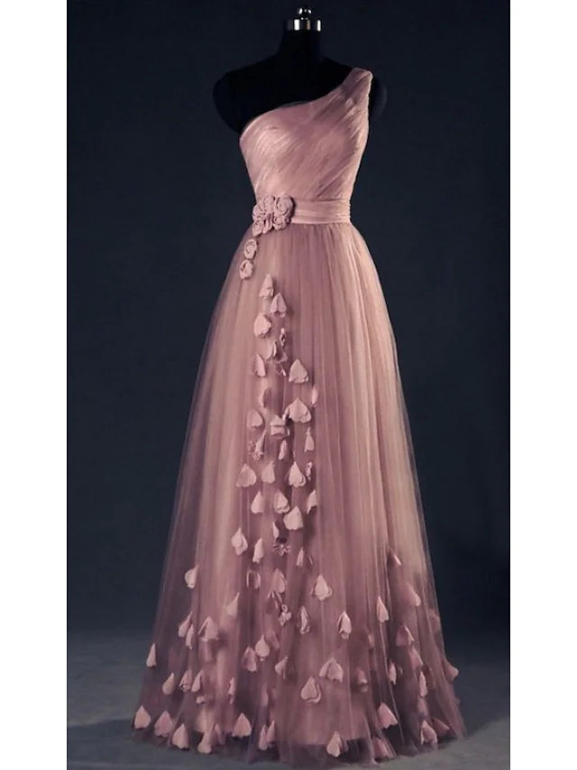 A-Line Prom Dresses Elegant Dress Wedding Guest Floor Length Sleeveless One Shoulder Tulle with AppliquesA-Line Prom Dresses Elegant Dress Wedding Guest Floor Length Sleeveless One Shoulder Tulle with Appliques
