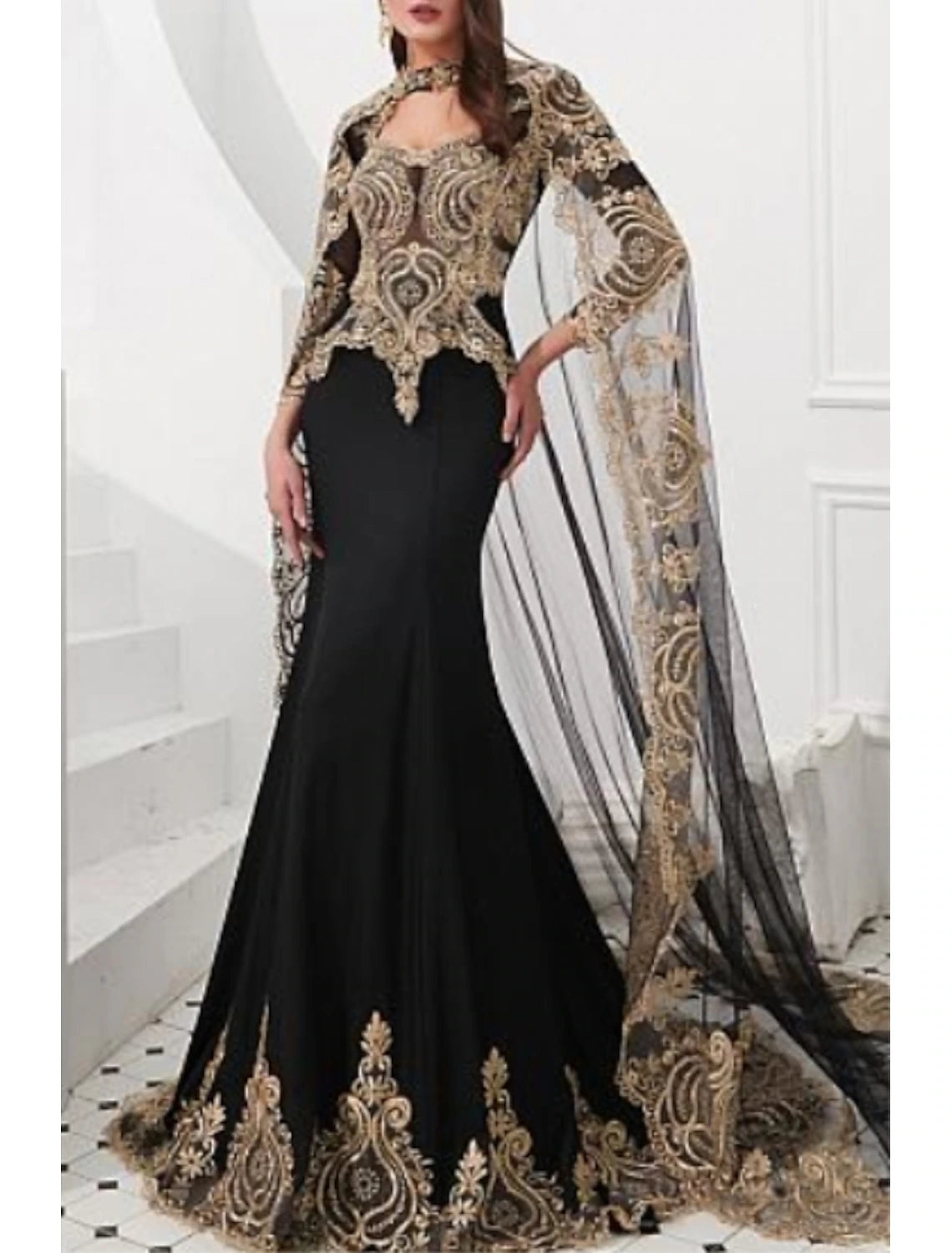 Sheath Mermaid Evening Gown Long Sleeve High Neck Court Train Prom Dress with Appliques
