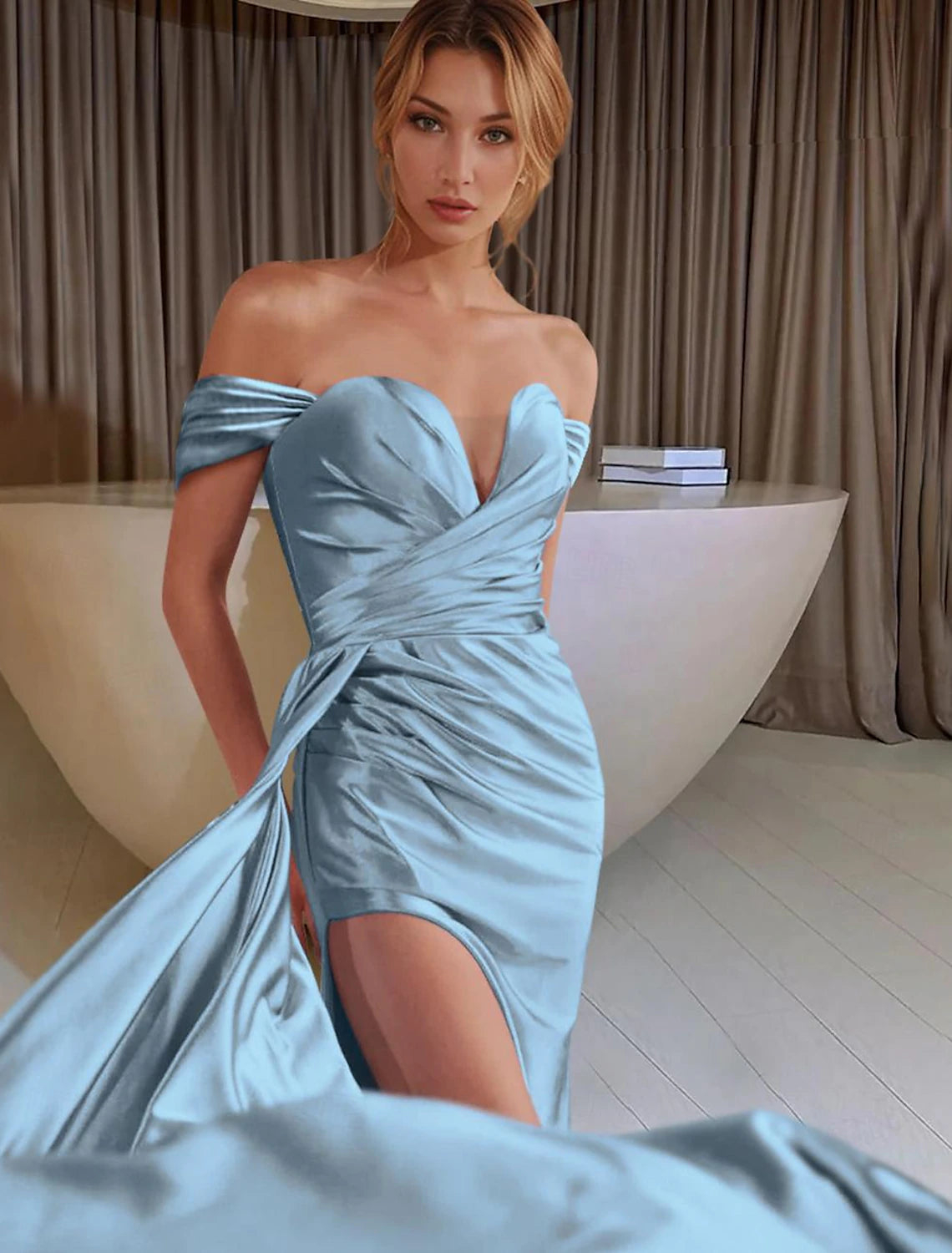 Sheath Mermaid Off the Shoulder Party Dress Floor Length Sleek Satin Ruched Long Prom Dress