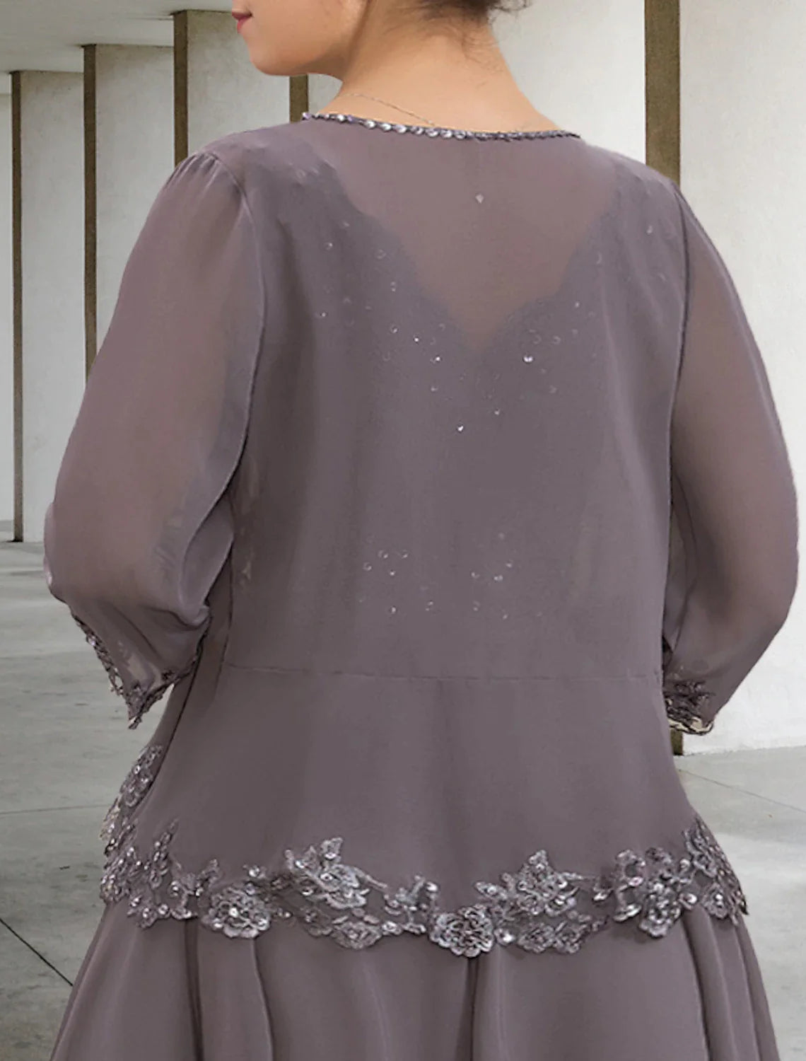 Two Piece A-Line Evening Gown Elegant Dress Plus Size Formal Tea Length Sleeveless V Neck Chiffon with Appliques