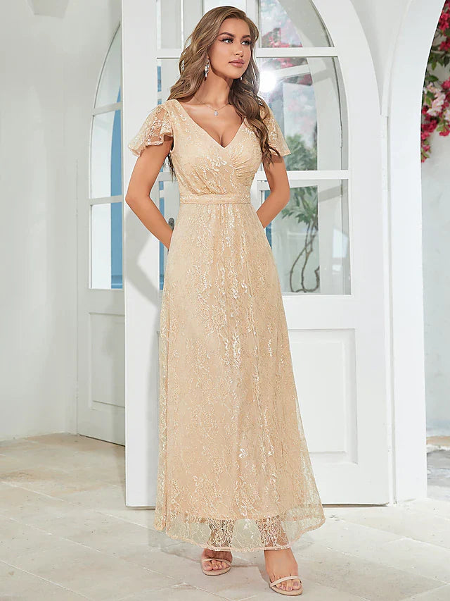 Wedding Guest Dresses Elegant Dress Party Wear Ankle Length Short Sleeve V Neck Chiffon with Ruffles