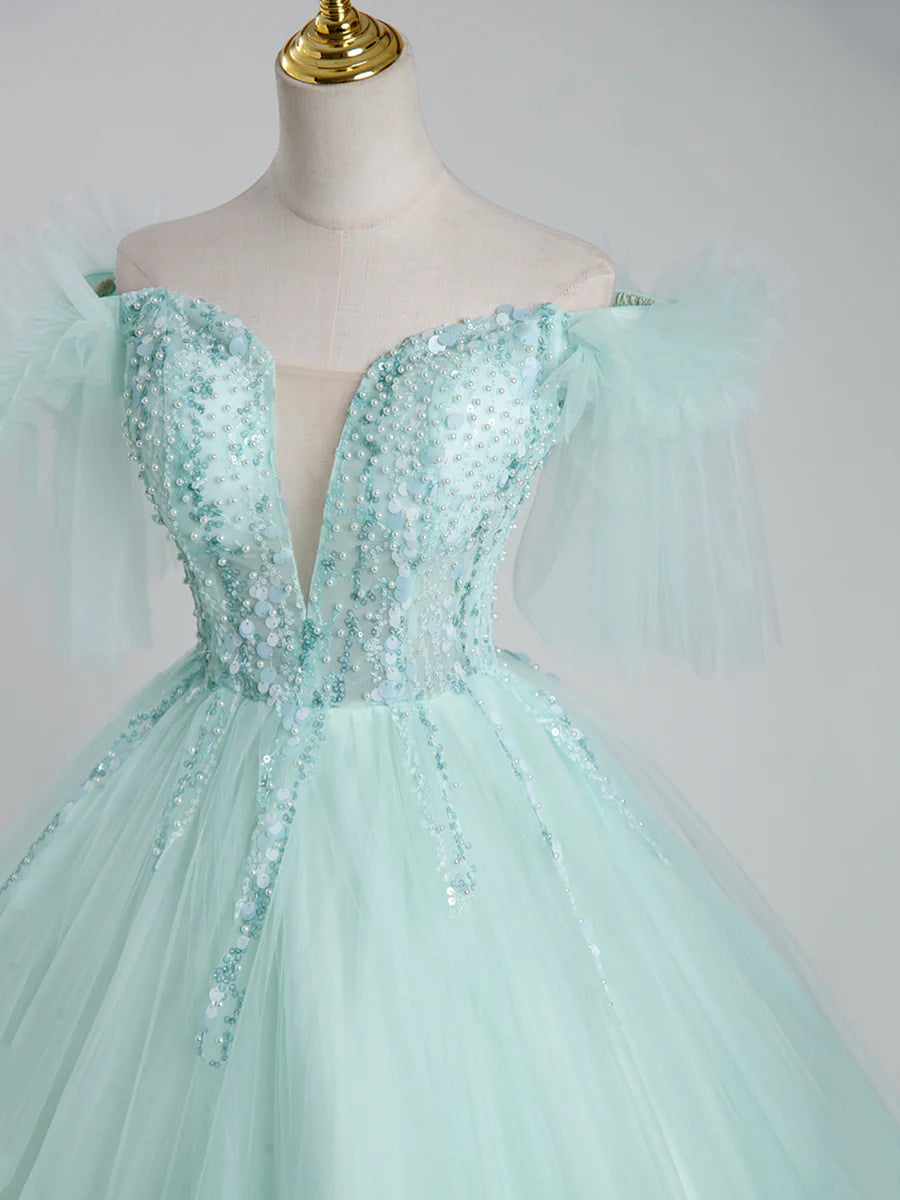 Ball Gown Quinceanera Floor Length Beautiful Tulle Sweet 16 Dress With Sequins