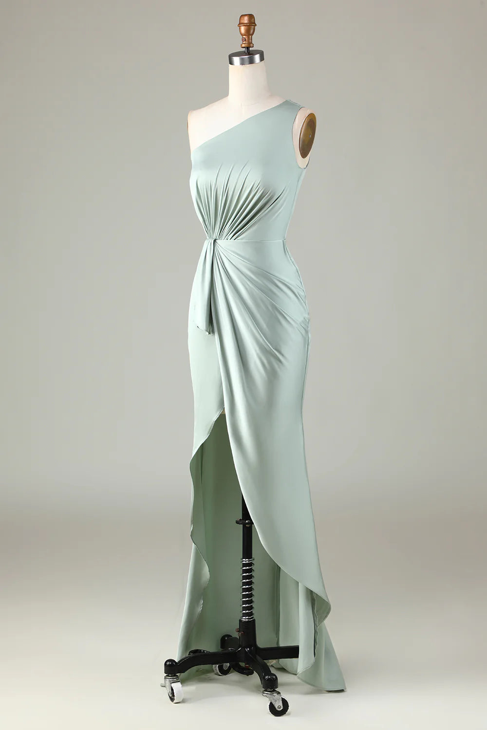 One Shoulder Asymmetric Bridesmaid Dress with Ruffles