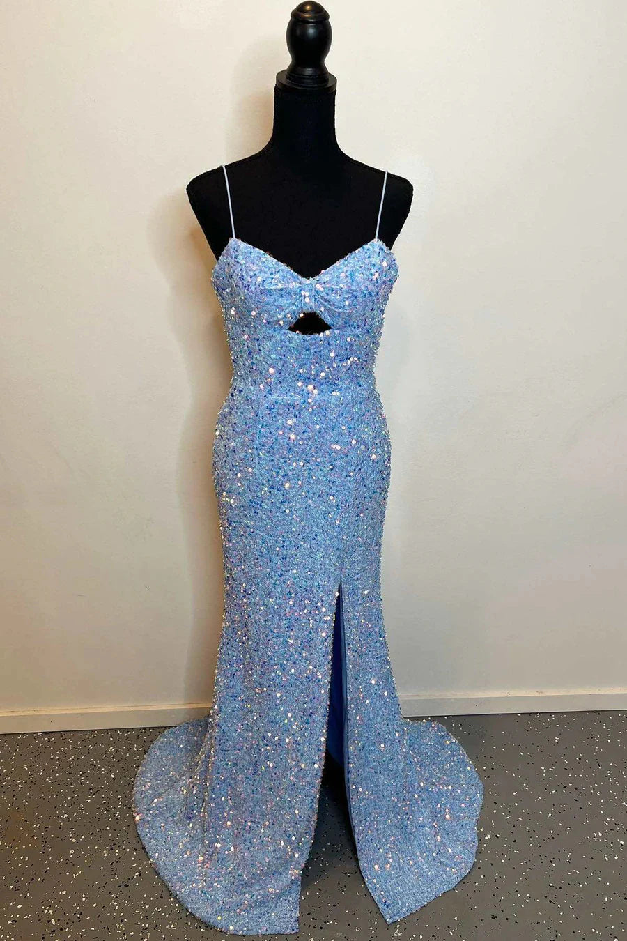 Sheath Mermaid Spaghetti Straps Sweep/Brush Train Dresses Cut-Out Sequins Long Prom Dress