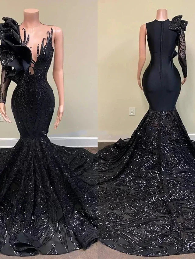 Mermaid / Trumpet Evening Gown Floral Dress Formal Chapel Train Long Sleeve One Shoulder African American Sequined with Sequin Sexy