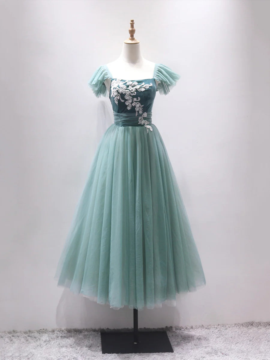 A-Line Velvet Tulle Tea Length Lace Party Dress Party Dress with Appliques