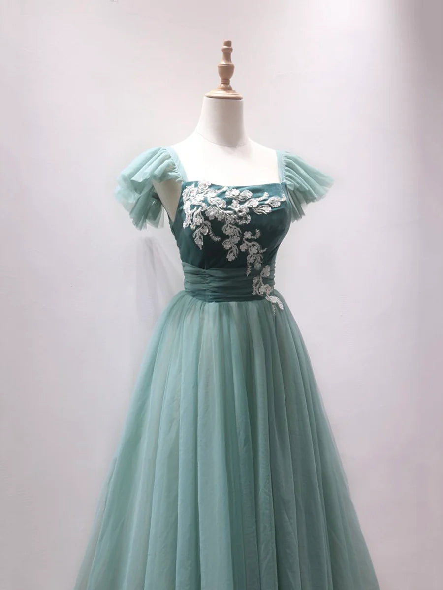 A-Line Velvet Tulle Tea Length Lace Party Dress Party Dress with Appliques