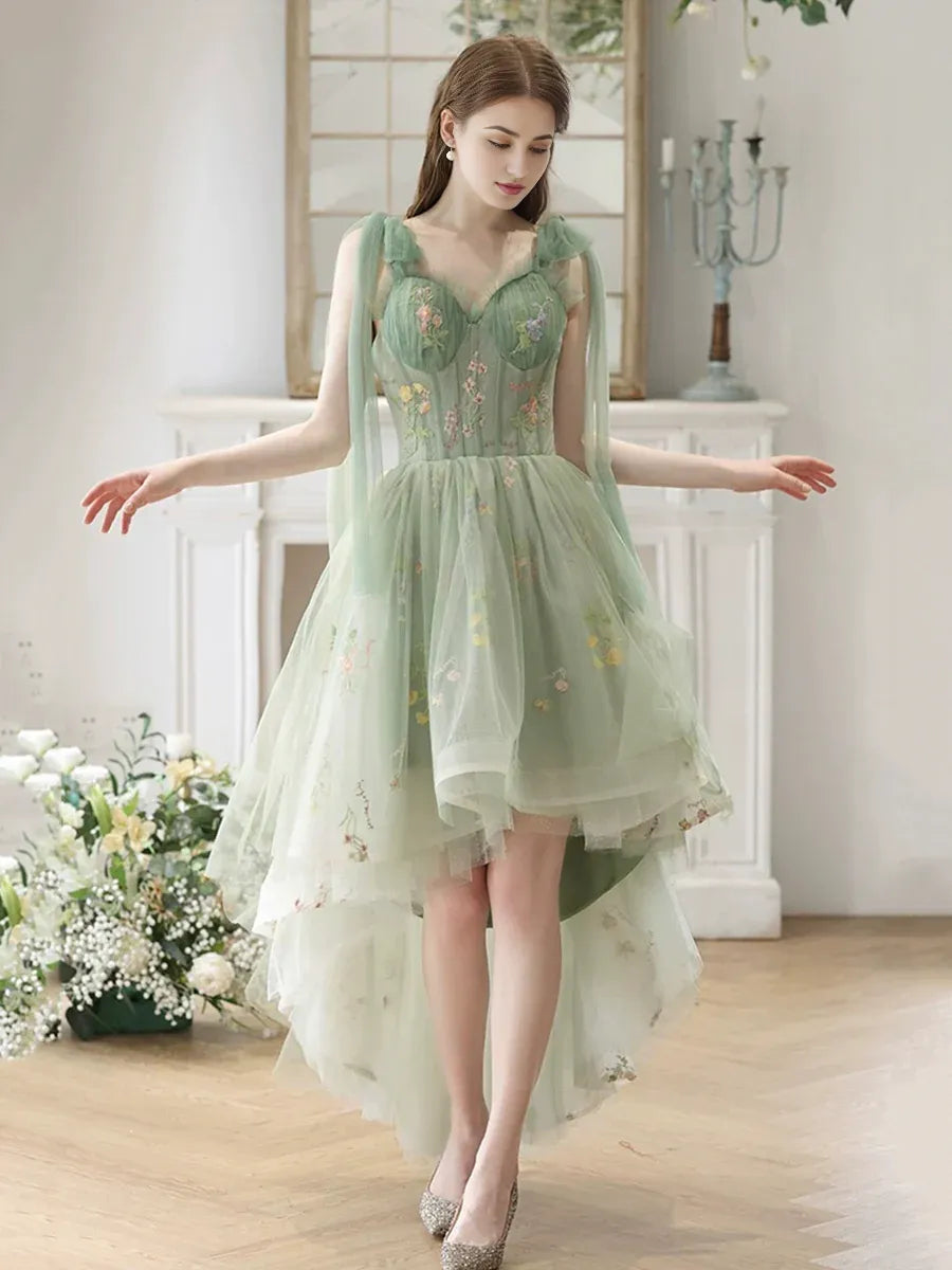 Tulle Short Prom Dress Lovely Homecoming Dress High Low Lace Party Dress With Flora Embroidery