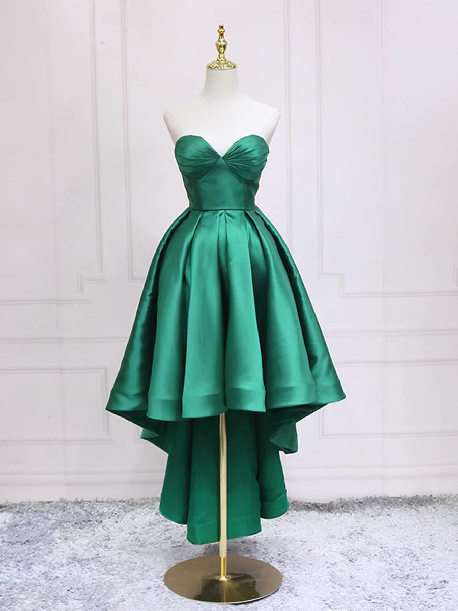 A Line Strapless Satin High Low Asymmetric Party Dresses Green Homecoming Dresses