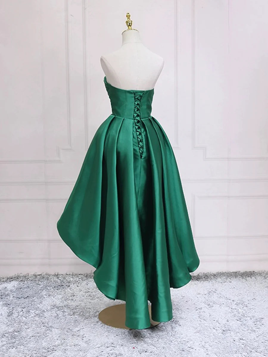 A Line Strapless Satin High Low Asymmetric Party Dresses Green Homecoming Dresses