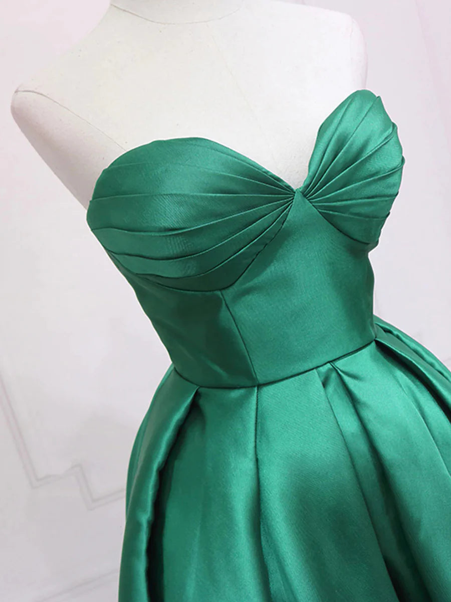 A Line Strapless Satin High Low Asymmetric Party Dresses Green Homecoming Dresses