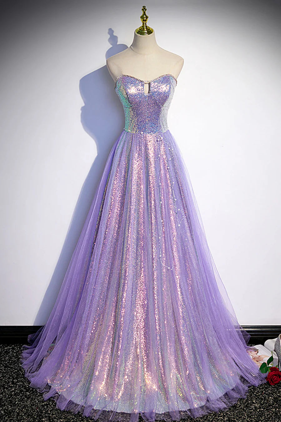 A-Line Floor Length Strapless Sleek Glitter Sparking Sequins Formal Dress Prom Dress