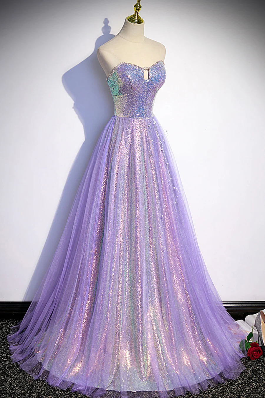 A-Line Floor Length Strapless Sleek Glitter Sparking Sequins Formal Dress Prom Dress