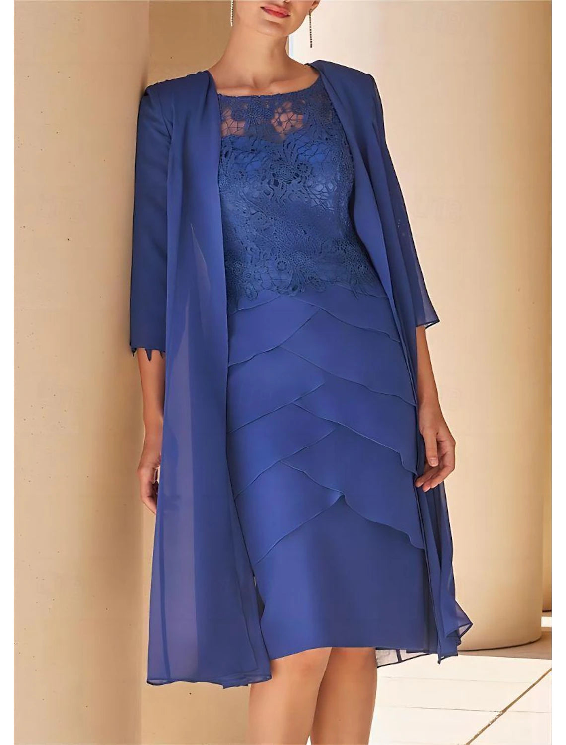 Sheath / Column Vintage Jewel Neck Tea Length Wedding Guest Chiffon Lace Short Sleeve Jacket Dresses Mother of the Bride Dress with Lace Cascading Ruffles