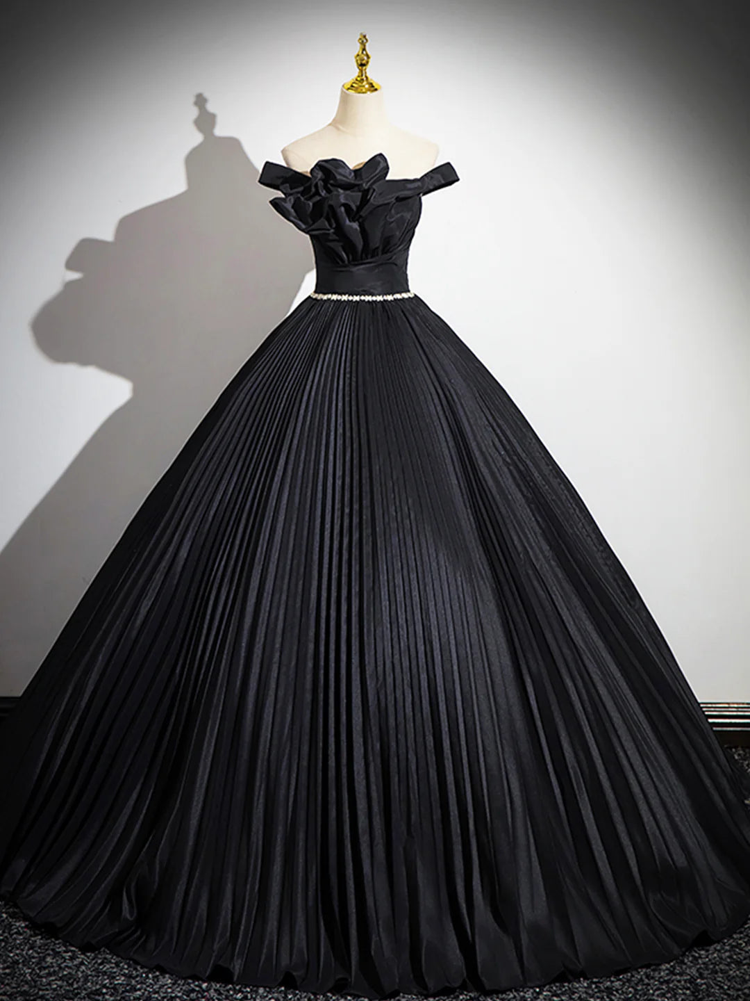 A-Line Off the Shoulder Quinceanera Dresses Pleated Black Long Prom Dress with Rhinestone Sash