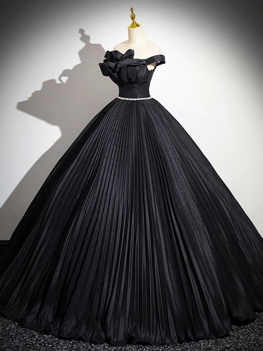 A-Line Off the Shoulder Quinceanera Dresses Pleated Black Long Prom Dress with Rhinestone Sash