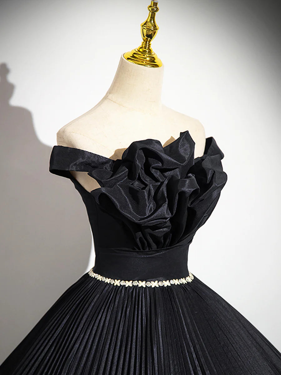 A-Line Off the Shoulder Quinceanera Dresses Pleated Black Long Prom Dress with Rhinestone Sash