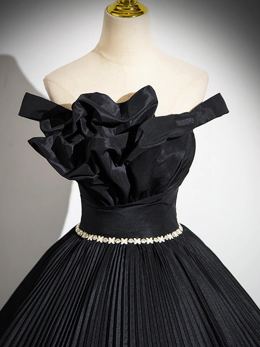 A-Line Off the Shoulder Quinceanera Dresses Pleated Black Long Prom Dress with Rhinestone Sash