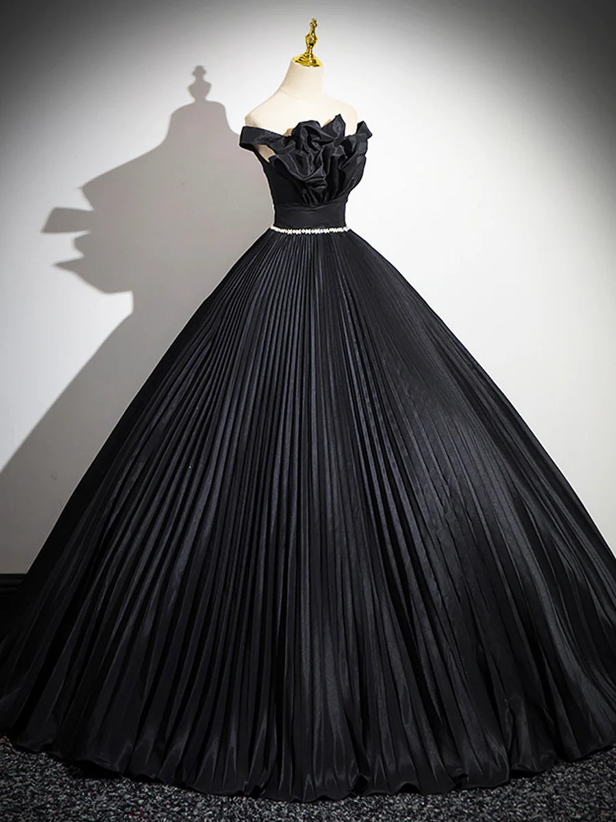 A-Line Off the Shoulder Quinceanera Dresses Pleated Black Long Prom Dress with Rhinestone Sash