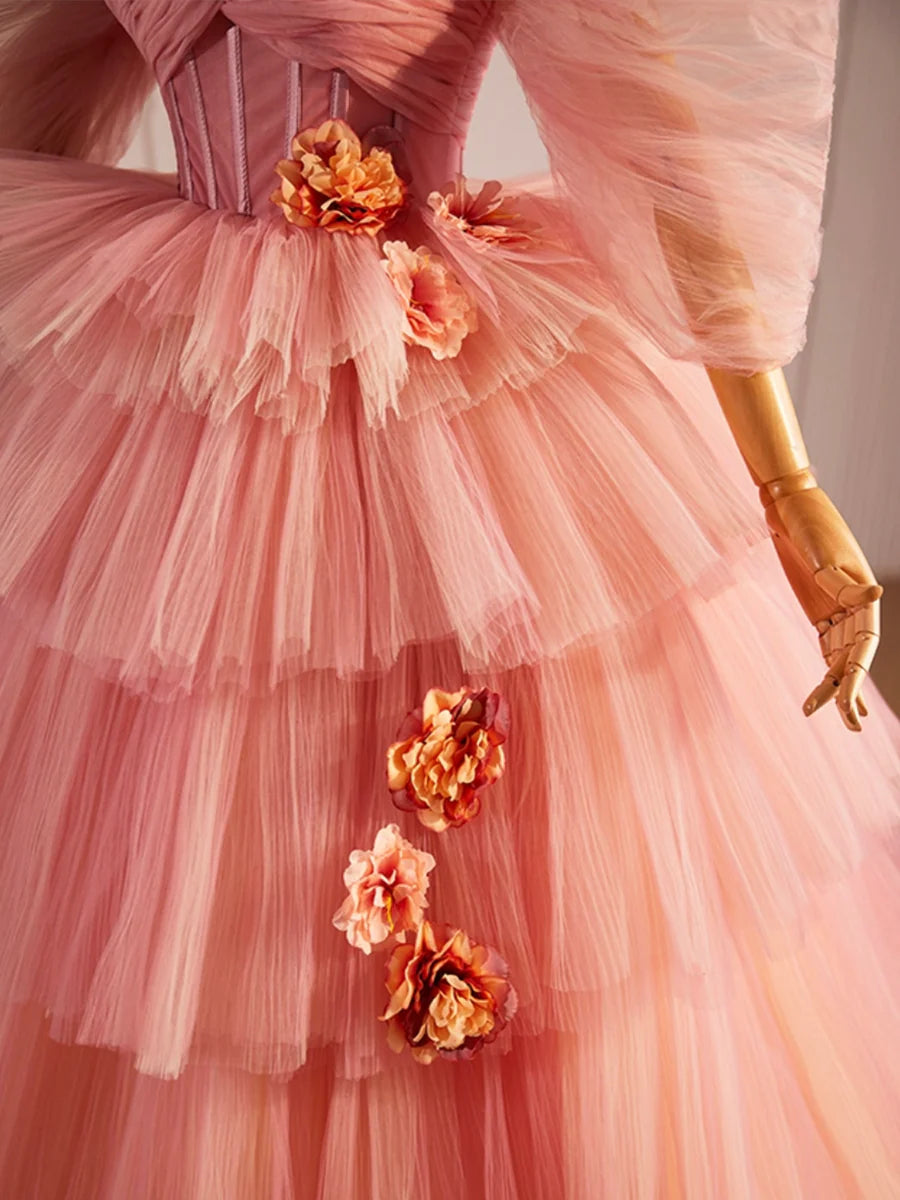 A-Line Beautiful Pink Sweetheart Neck Tulle Tiered Long Ball Gown Evening Party Gown With 3D Flowers