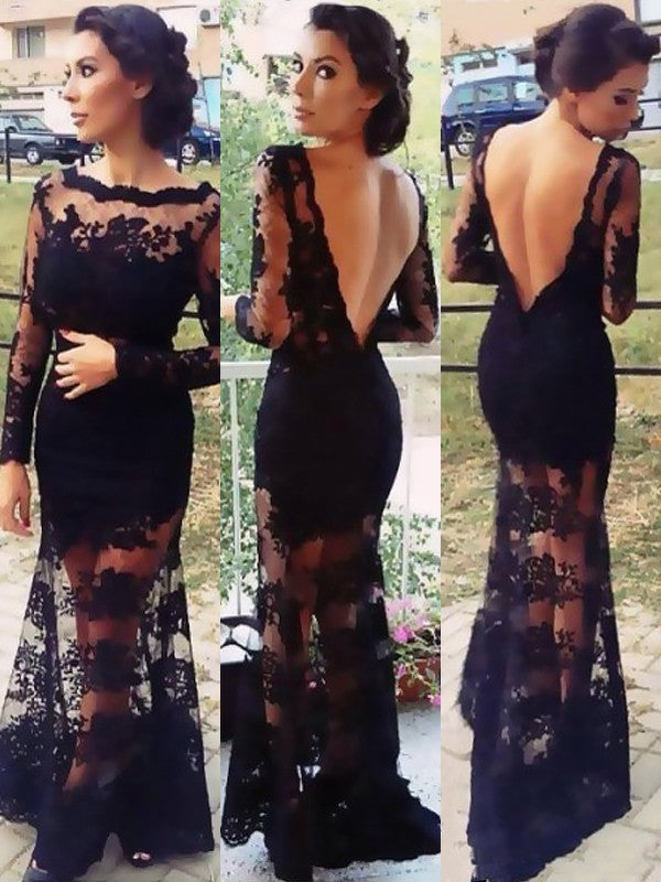 Trumpet/Mermaid Bateau Long Sleeves Applique Sweep/Brush Train Lace Dresses