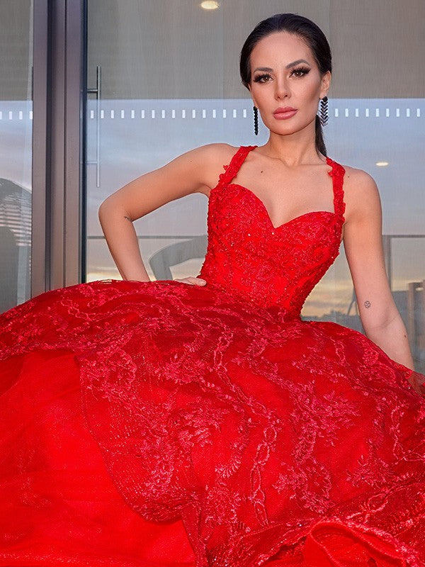 A-Line/Princess Party Dresses Formal Dresses Straps Tulle Sleeveless Floor-Length Applique Dresses