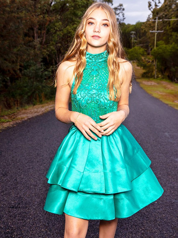 A-Line/Princess Satin Sleeveless Beading Jewel Short/Mini Homecoming Dresses