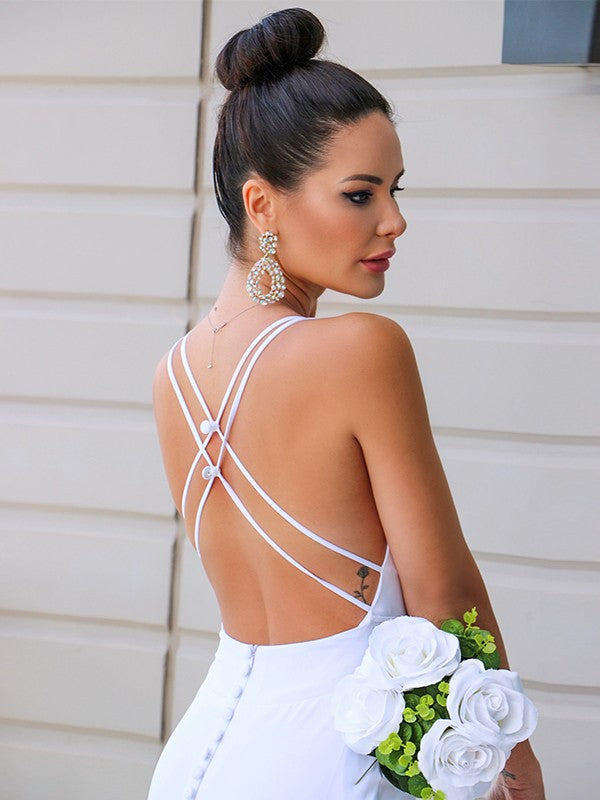 Sheath/Column Stretch Crepe V-neck Ruched Sleeveless Sweep/Brush Train Wedding Dresses